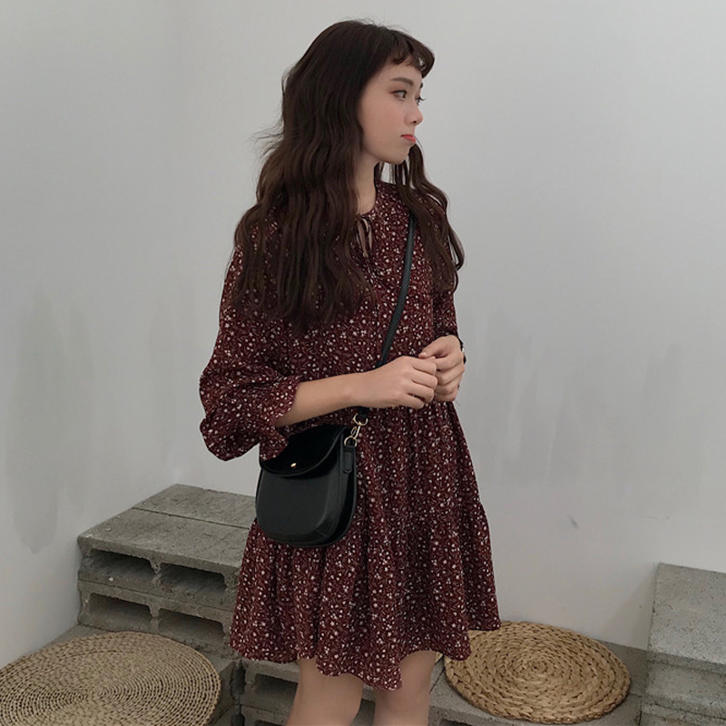 春夏女装2018新款韩版气质小清新碎花系带长袖雪纺连衣裙a字裙潮