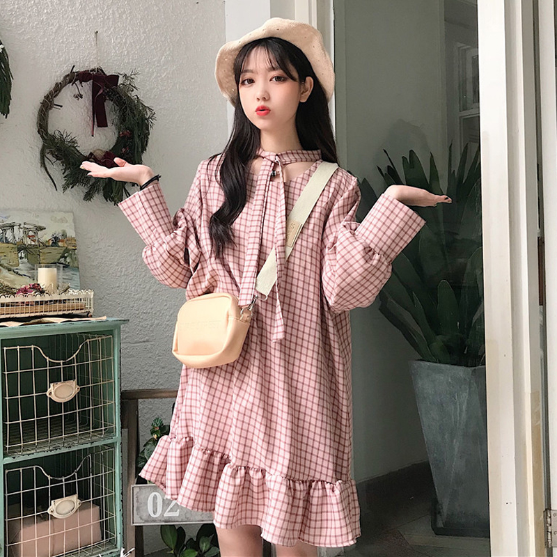 春季女装韩版宽松显瘦格子绑带灯笼袖中长款长袖连衣裙打底裙长裙