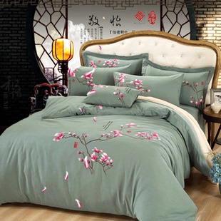 鲁锦全棉绣花四件套纯棉1.8m床品全棉简约时尚绣花被套