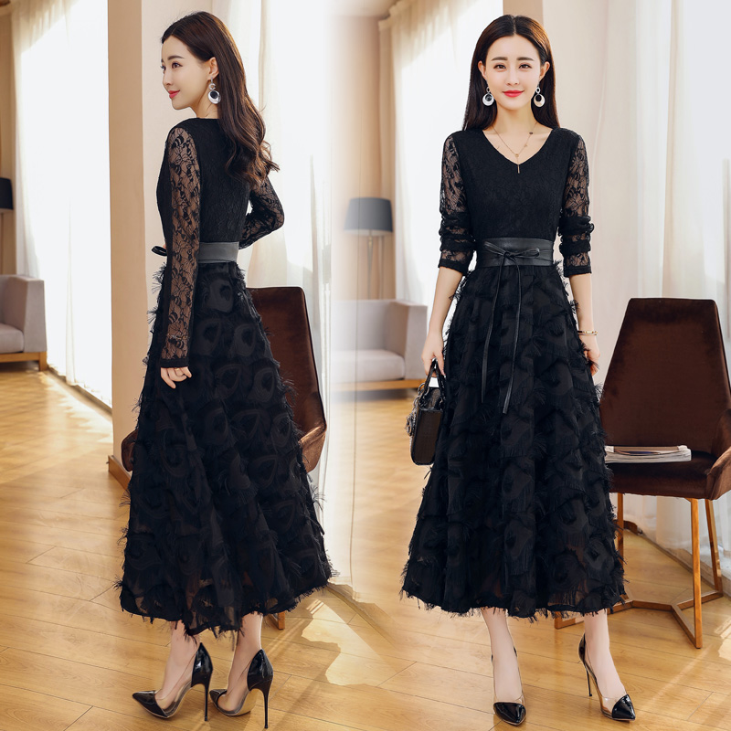2018新款女装春装裙子蕾丝连衣裙长袖内搭打底网纱显瘦气质长裙潮
