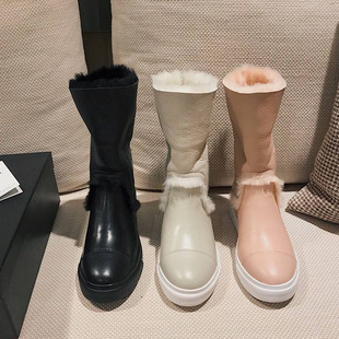 正品代购chanel香奈儿女鞋 秋冬新款皮毛一体中筒靴 平底休闲女靴