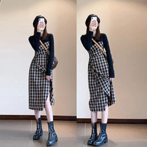 2021 New early autumn cold wind womens high sense temperament long sleeve European goods splicing plaid dress