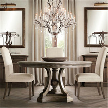 American solid wood dining table and chair combination French light luxury weathered gray retro old villa model room round dining table furniture