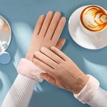 Suede gloves female winter warm thickened Korean version of cycling windproof plus velvet sweet and cute student touch screen