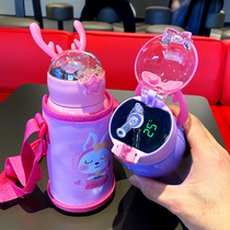 Childrens intelligent thermos cup with straw female students temperature temperature temperature stainless steel cup kindergarten boys baby Cup