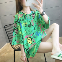 2021 summer Korean version of New loose skinny graffiti round neck pullover cotton short sleeve T-shirt large size top ins ins
