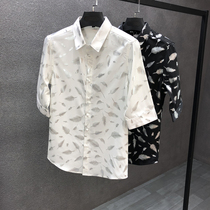 Tide brand three-point sleeve shirt mens summer thin fashion net red printing handsome wild loose pointed collar casual shirt