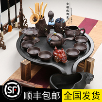 Household stone mill tea tray Black pottery coarse pottery Hand-painted Purple sand Ge Kiln Ru Kiln Kung Fu tea set Ceramic tea table Tea holder Dry bubble