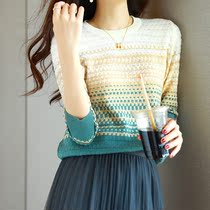 Gradient striped sweater top womens autumn and winter 2021 new fashion wild seven-point sleeve round neck sweater
