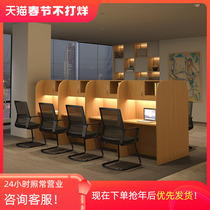 Self-study room closed learning desks and chairs immersive partition postgraduate training single computer against the wall narrow desk
