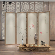 Chinese folding shielding screen Zen solid wood partition into living room tea room modern simple Lotus mobile folding screen