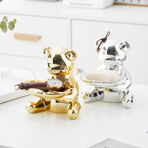 Nordic cute cartoon bear soap box light luxury ceramic golden soap box children's creative bathroom storage rack