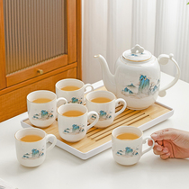 Light and luxurious Chinese-style tea set Ceramic Home Shea Butter Jade Porcelain Anti Burn Teapot Teacup Kung Fu Whole Set Modern Brief