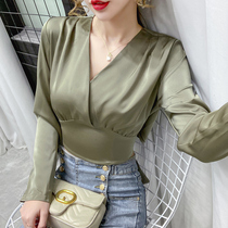  Acetate satin shirt womens design sense niche 2021 autumn Chiffon v-neck short long-sleeved top mercerized shirt