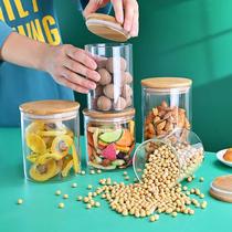 Snack candy jar round transparent glass food jar seal jar large bamboo wood lid glass storage jar tea jar