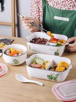 Microwave oven special ceramic compartment lunch box bento box with lid sealed office worker with rice three grid multi-grid preservation bowl