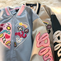  American retro niche design sense of love embroidery small fresh blue sky and white clouds jacket men and women college style couple outfit