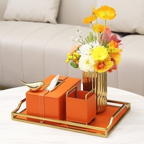 Brief Light Lavish Orange Remote Control Containing Leather Tissue Box Tea Table Home Paper Draw Floral Art Trays 1113m