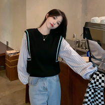 Autumn New College wind fake two-piece splicing long-sleeved sweater womens Korean design sense niche temperament jacket