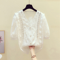 Tide brand French sweet foreign style lace hollow V-neck shirt womens 2021 summer new Korean short-sleeved chiffon shirt