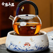 Boiling teapot glass pure hand-inlaid tea maker electric pottery stove household set big and small bubble teapot Jade Jade