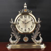 European-style light luxury metal clock living room silent table clock table watch ornaments home American Peacock decoration sitting clock