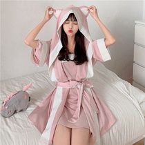 Korean version of pajamas female students summer nightgown ice silk loose sweet can wear net red condole belt nightgown suit two-piece set