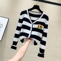 Tide brand 20211 Spring and Autumn new small skinny knitted cardigan base shirt female Net red casual striped top