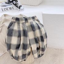 Cotton and linen series ~ Super feel children summer Plaid casual pants boys summer clothes Capri pants Haren pants thin