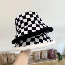 Chessboard lamb hat women's autumn and winter Joker Korean version of warm padded double-sided fisherman hat net red plush basin hat
