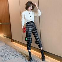 Shawl big lapel collar plush knitted cardigan slim plaid pants suit women 2021 autumn and winter New