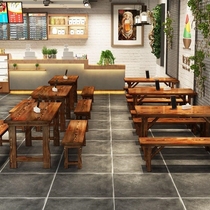  Retro solid wood table supper fast food stool tea table and chair old hotel commercial fast food bench seat carbonized coffee house