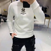 2021 Tide brand embroidery slim European and American round neck clothes men autumn and winter pure cotton young handsome casual round neck White