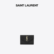 YSL Saint Laurent Womens Small Black Letter Logo Grain Textured Embossed Leather Envelope Wallet Women