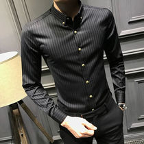2021 new autumn mens long sleeve shirt stripes Korean slim black trend plus velvet padded warm shirt