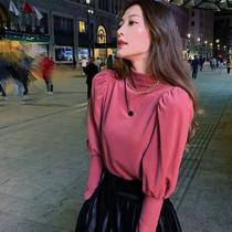 New autumn and winter New half high collar long sleeve rose red velvet base shirt Womens bubble sleeves