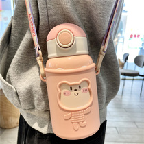  Childrens thermos cup 304 stainless steel with straw Male and female childrens cute cup Kindergarten high-value portable kettle