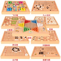 Multifunctional wooden childrens flying chess checkers backgammon puzzle game flag adult toy