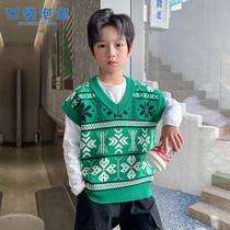 2022 new boy All cotton vest Han version Ocean Gas Medium Boy V Collar Sweater Mens Treasure Spring Autumn Thickened Cotton Waistcoat