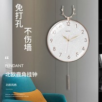 Nordic Light Lavish Deer Head Clock Hanging Clock Living Room Home Free punching clock Wall hanging wall hanging table minimalist net Redstone Inchime