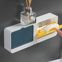 Double grid soap rack household soap box with lid non-perforated wall-mounted drain multifunctional tray artifact