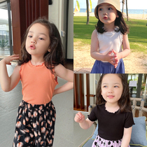 Girls wooden ear vest bottoming summer thin baby Foreign wave girl solid color Wild Wild short sleeve t-shirt out