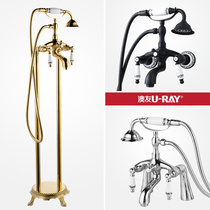 Antique golden upright bathtub tap black cylinder side shower shower head full copper silver color wall mounted bath tap