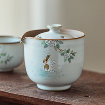 Jingdezhen all hand-painted hydrangea rabbit kung fu teapot ancient Ru kiln opening piece convenient hand grasp pot brewing teapot