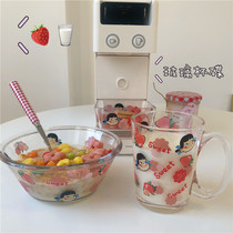 Korean ins cute Japanese cartoon print strawberry milk glass bowl Cereal salad bowl glass breakfast cup