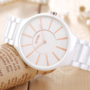 绿茵正品白色陶瓷女表时尚潮流防水陶瓷表石英女士水钻情侣手表