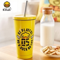 B Duck little yellow Duck stainless steel suction tube Cup female creative milk tea cup Net Red office high value water cup with lid