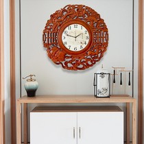 New Chinese style solid wood carving Chinese style silent clock Quartz decoration living room bedroom round wall clock watch