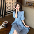 Girlfriends summer dress female light blue long skirt Hepburn style floral puff sleeve French first love bellflower sweet dress