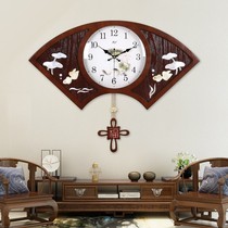 New Chinese living room wood wall clock creative shell quartz clock fan-shaped mute bedroom clock hanging watch